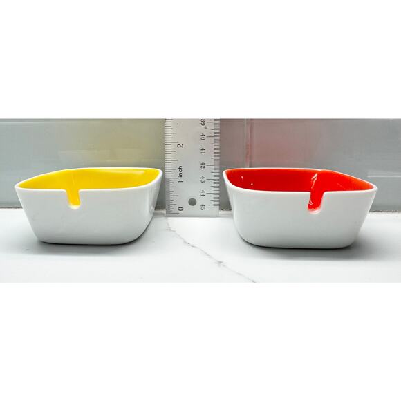 SET OF FOUR: Yellow and Red Ceramic/porcelain Condiment Dishes with Spoon Notch - Picture 3 of 5